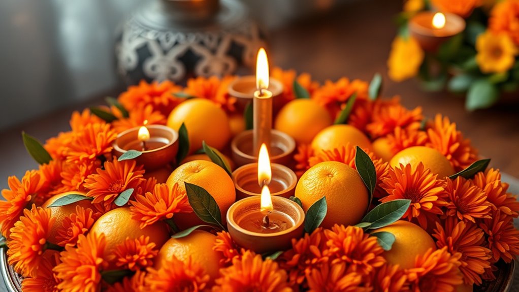 colorful fruit and marigold centerpiece