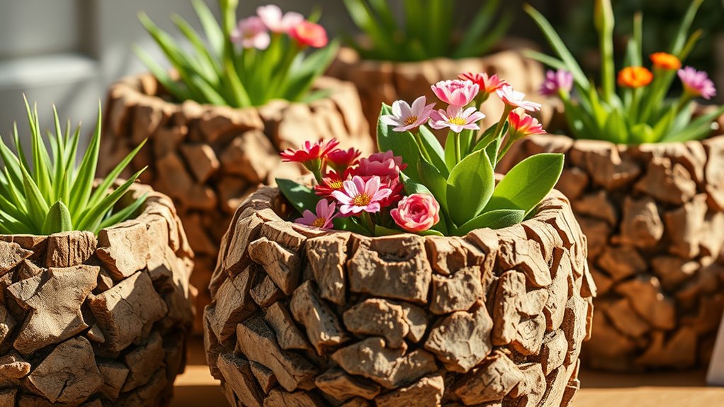 rustic bark patterned planters