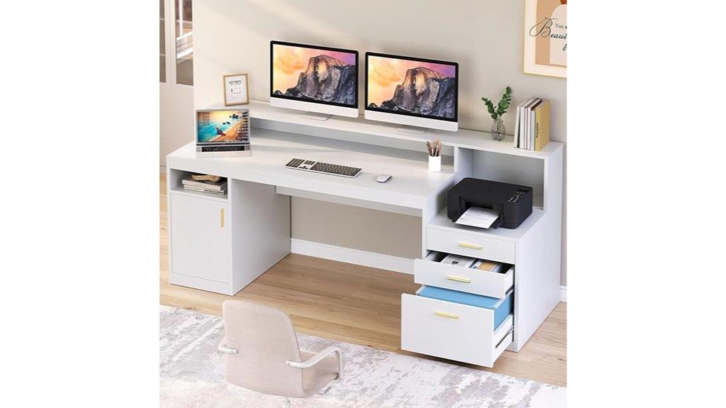 three drawer desk with shelves