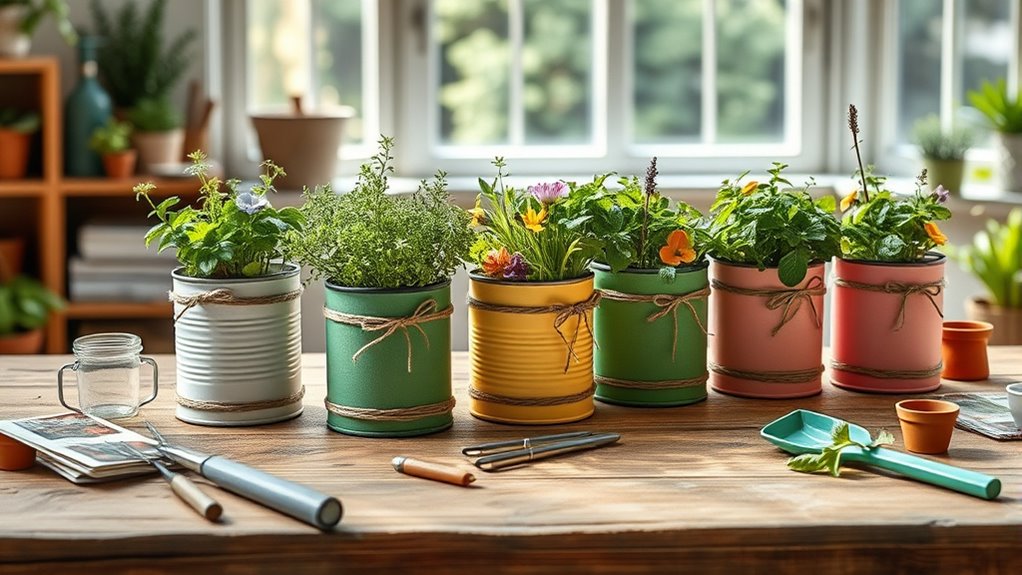 upcycled tin can herb garden