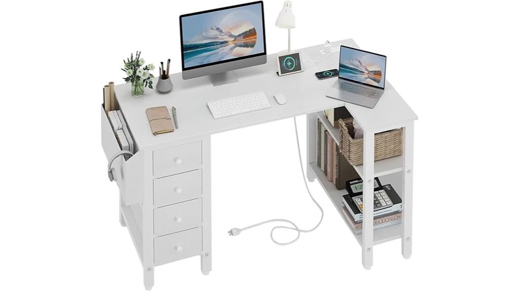 white l shaped desk with drawers