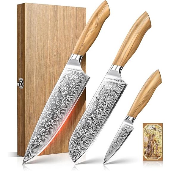 Emojoy Damascus Kitchen Knife Set (3 pcs Olive Wood)