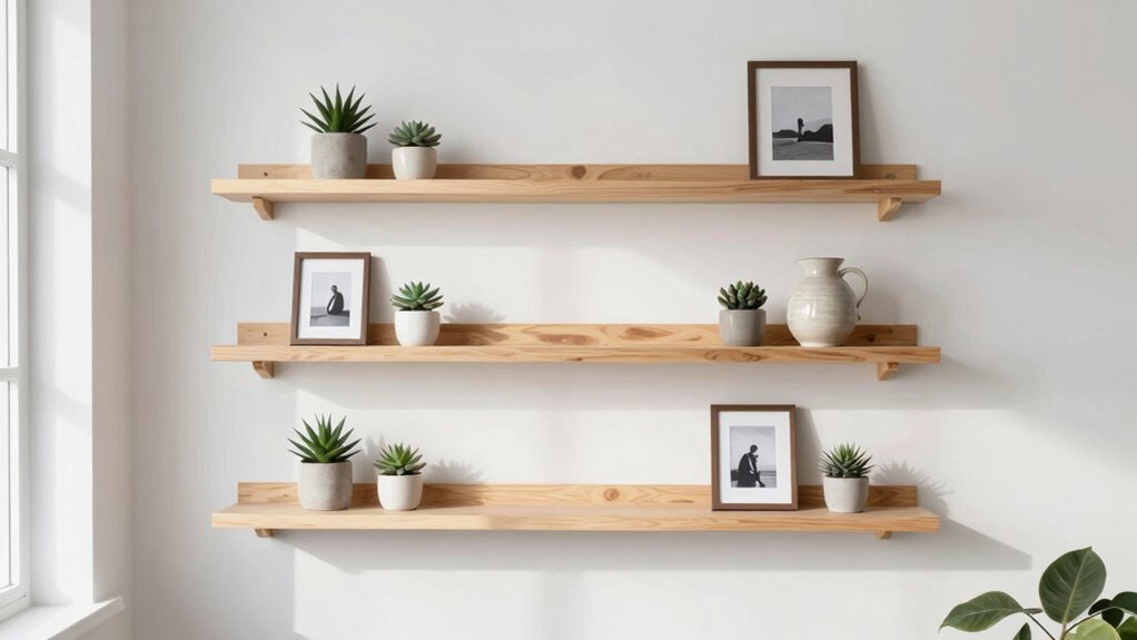 securely mounted wooden shelves